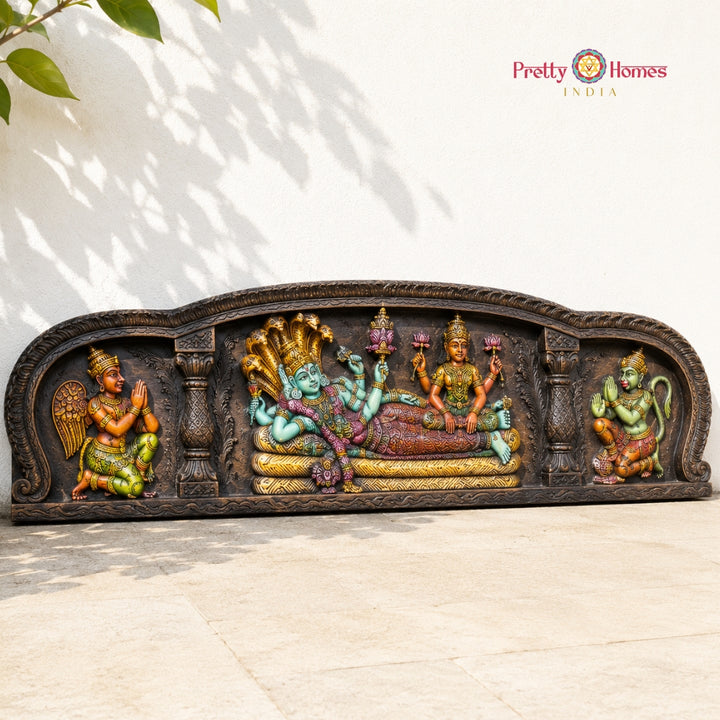 Wood-Carved Resting Vishnu Panel with Garuda and Hanuman Carvings