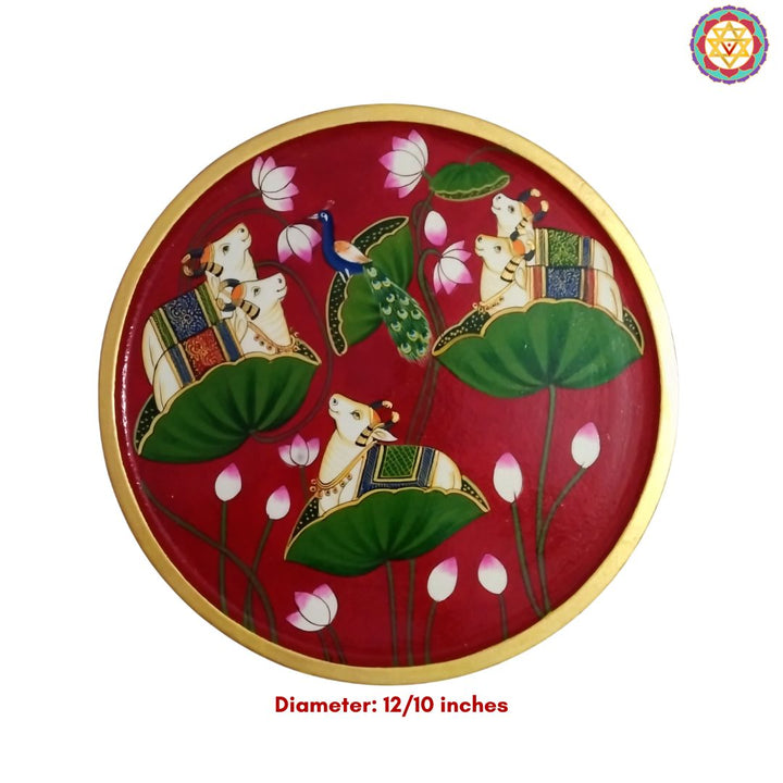 Handpainted Pichwai Wall Plate – Cows on Red Lotus Base