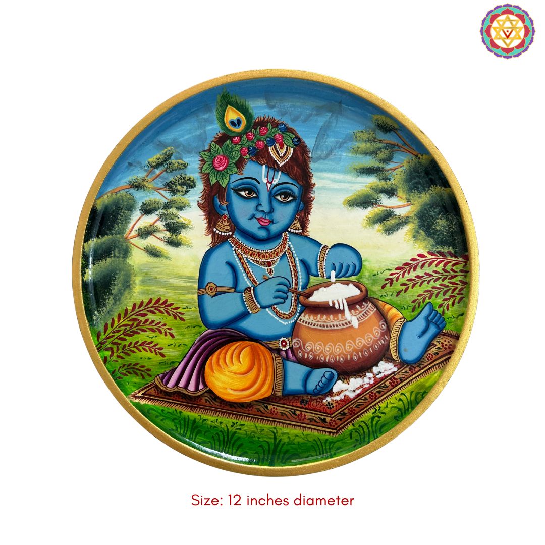 handpainted butter krishna wall plate devotional wooden art