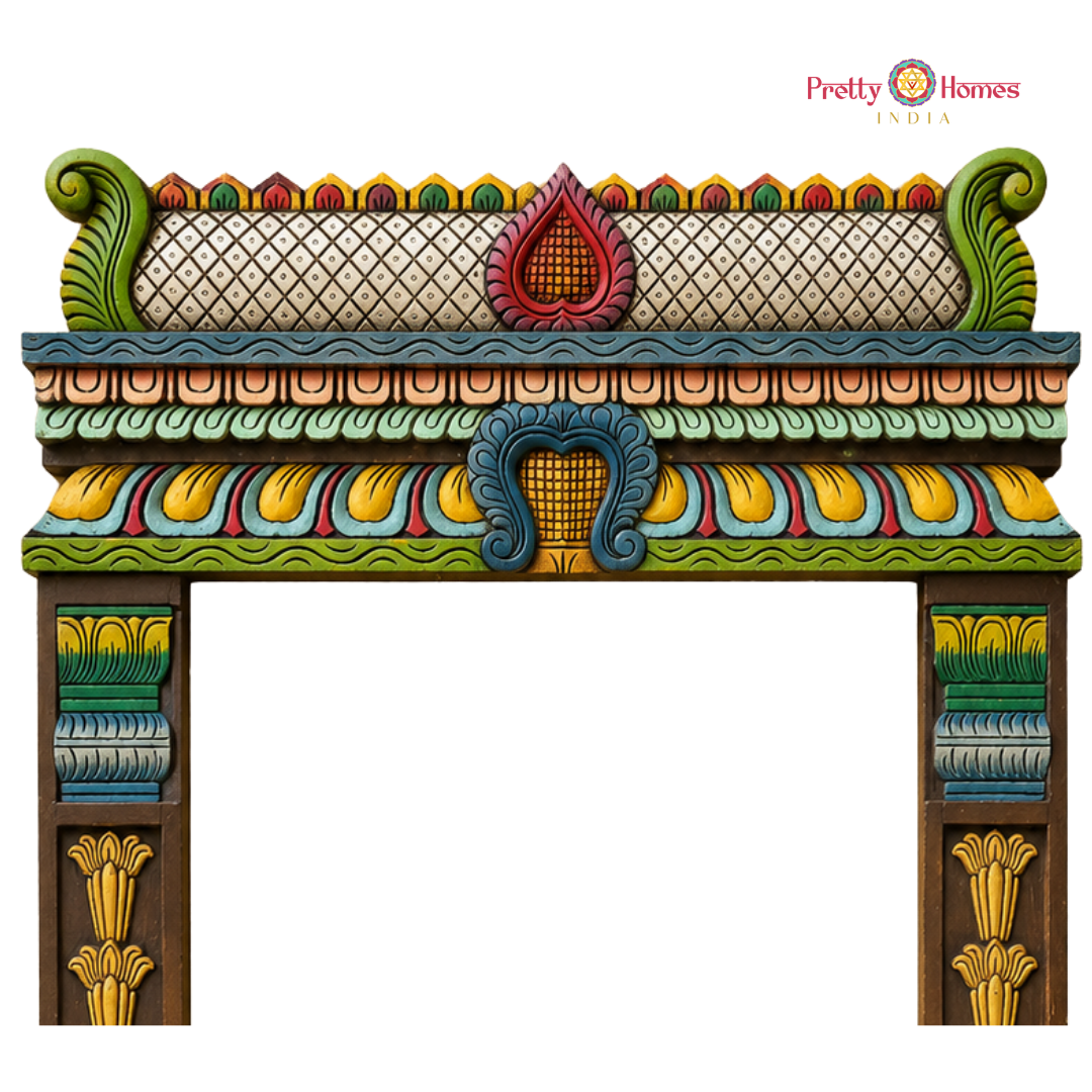 Wood-Carved Chettinad-Style Gopuram with Floral Side Pillars