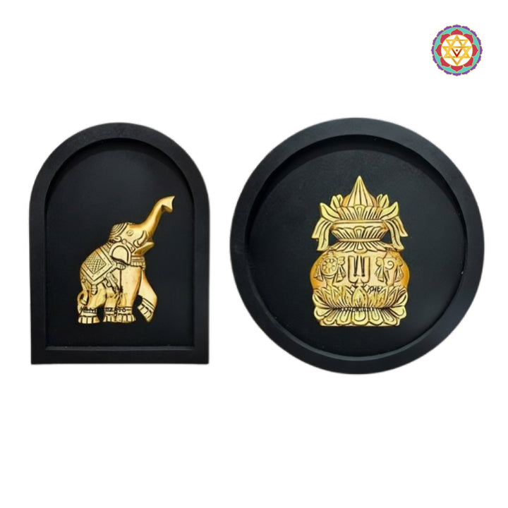 Brass wall art set with lotus and elephant motifs