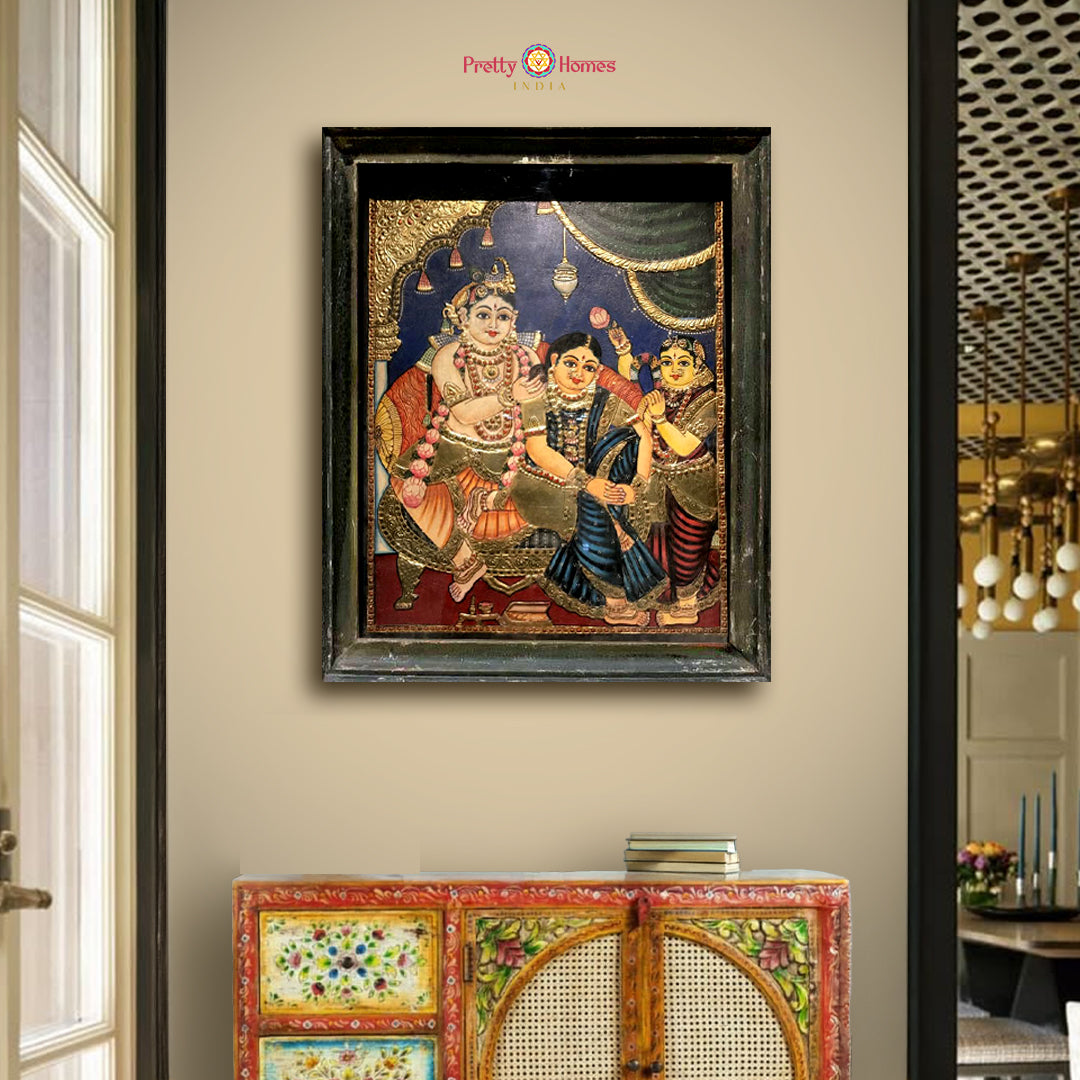 Radha Krishna Tanjore painting with gold foil and Sakhi scene