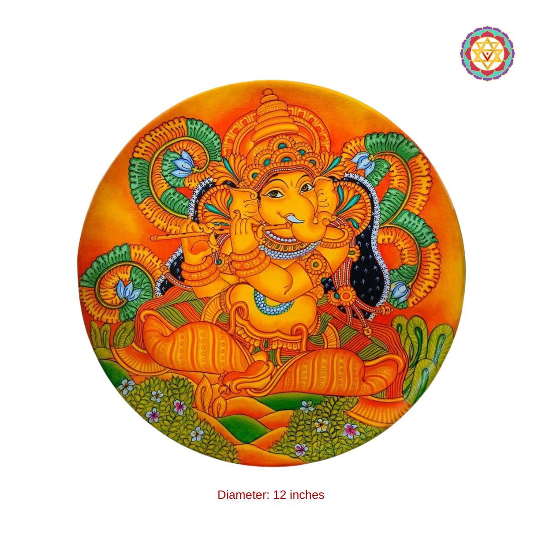 close-up of mural style ganesha with flute on hand-painted wall plate