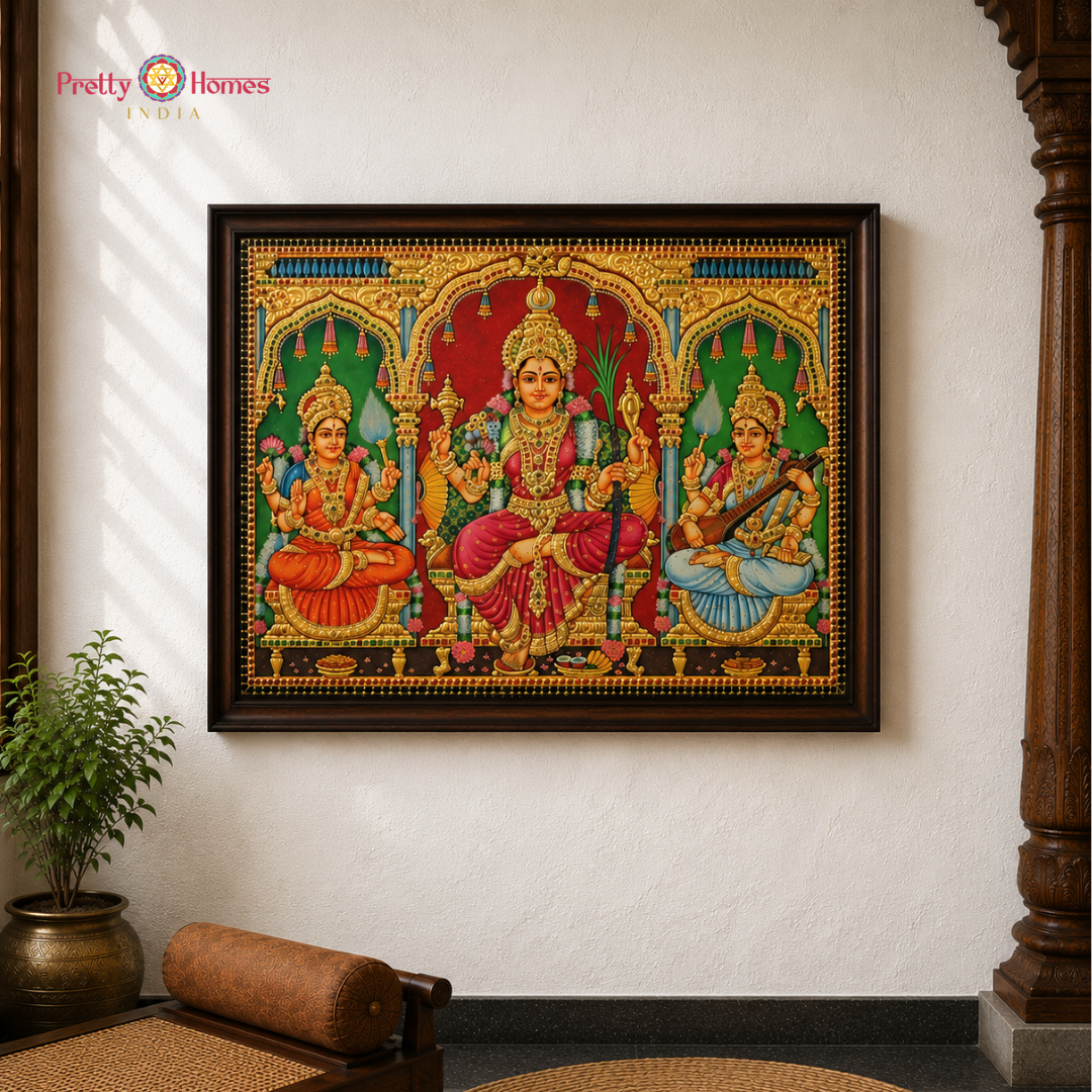 Vintage Finish Goddess Tripura Sundari / Lalitha Devi with Saraswati & Lakshmi Tanjore in Real Gold