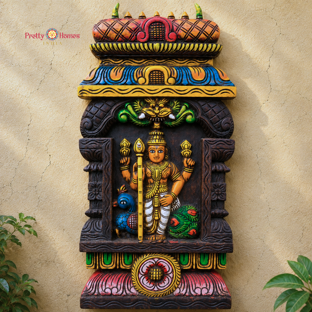 Woodcarved Kavadi-Style Lord Murugan Wall Mount