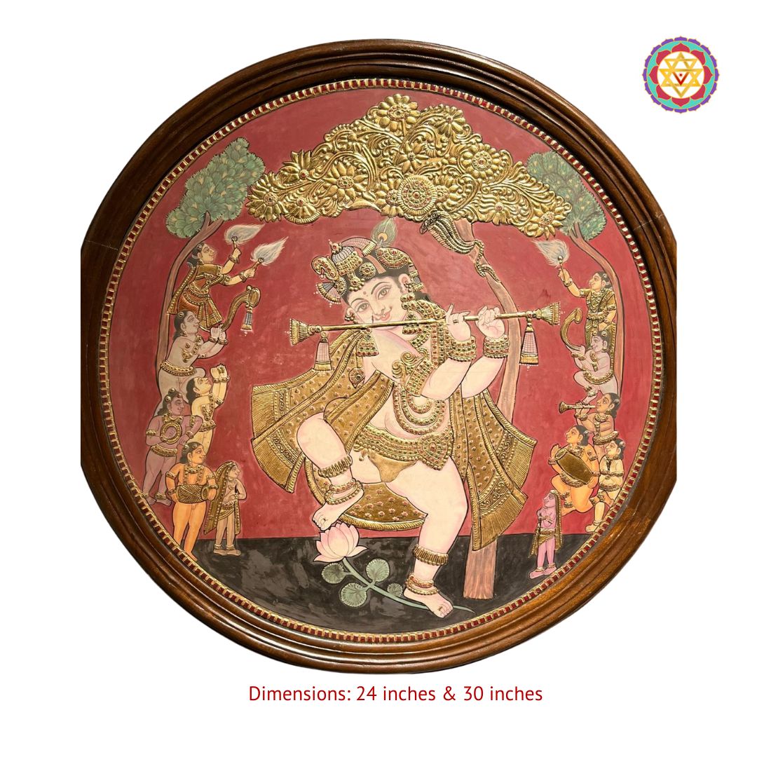 vintage round tanjore flute krishna with radha on swing full artwork with gold foil and carved teak frame