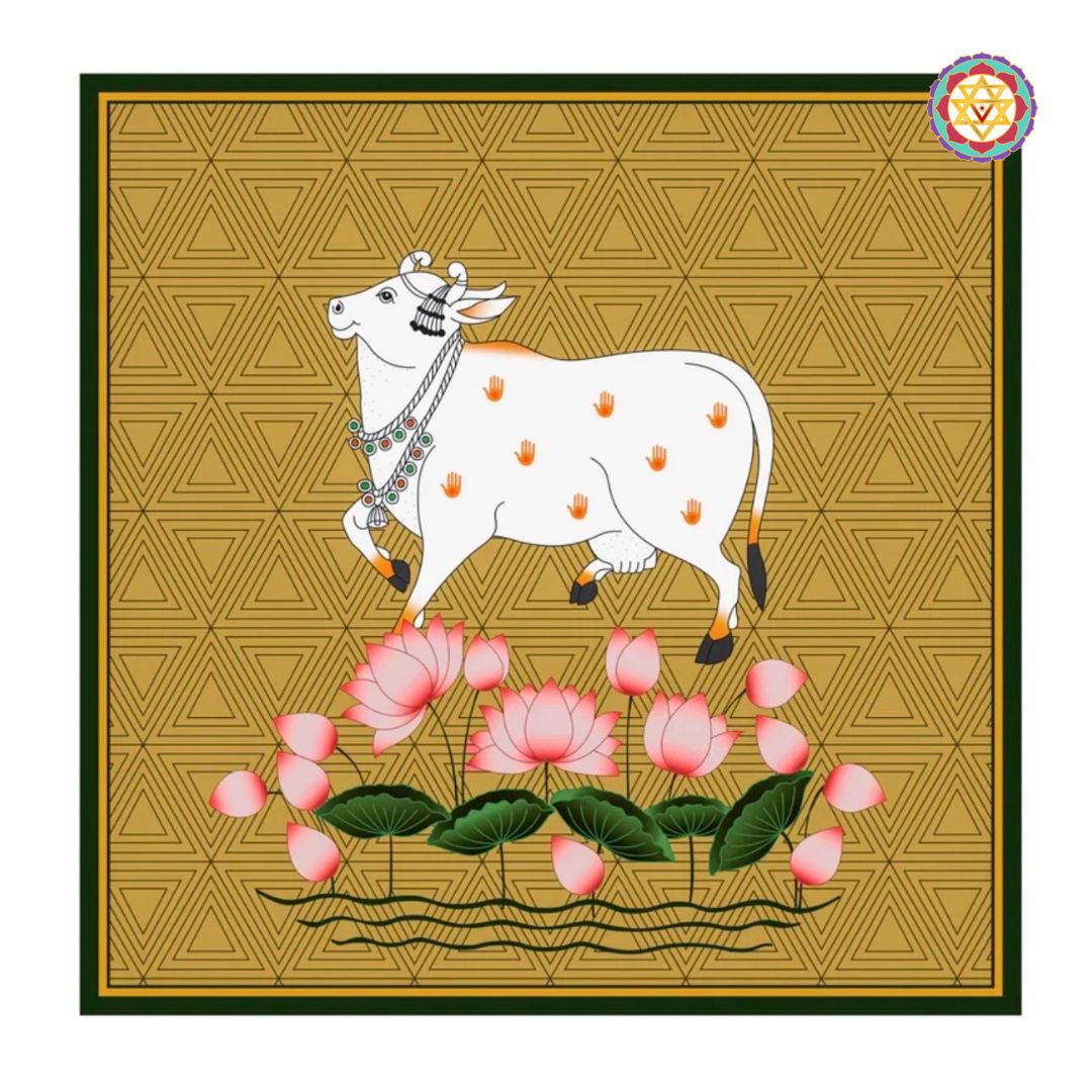 Close-up of lotus pichwai painting with white cow, floral details, and warm mustard tones.