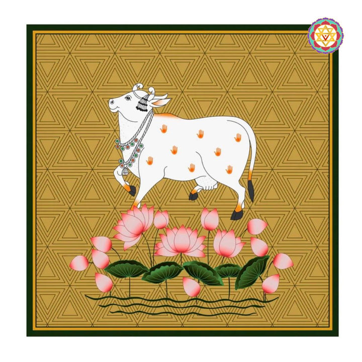 Close-up of lotus pichwai painting with white cow, floral details, and warm mustard tones.