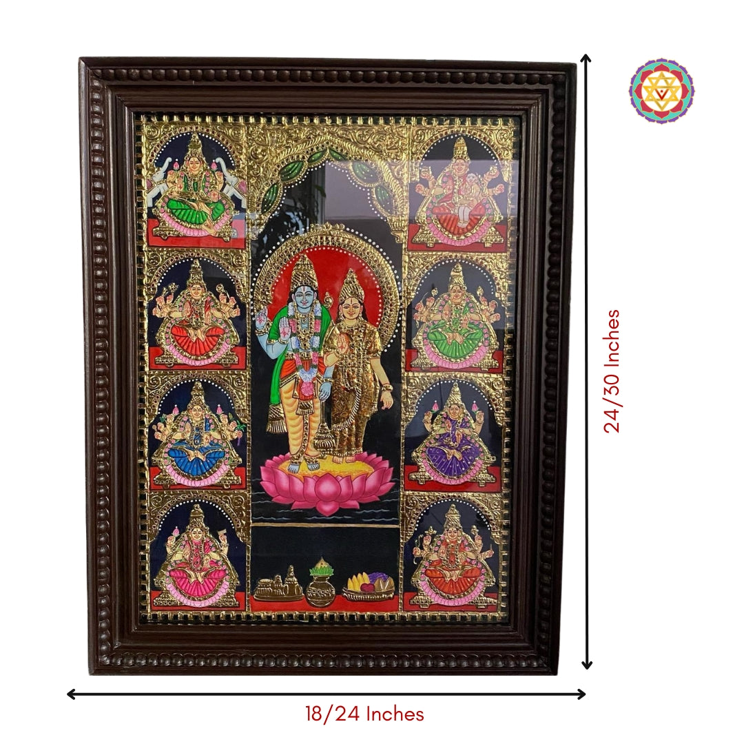 “Ashtalakshmi with Vishnu Tanjore painting shown with dimensions for online product listing”