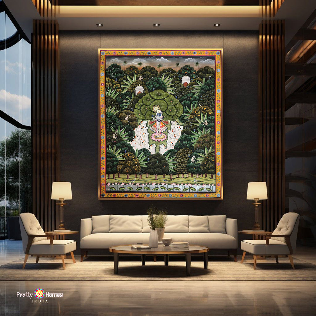 Hand-painted Pichwai of Shrinathji in the forest — devotional Indian artwork depicting Krishna among trees and cows