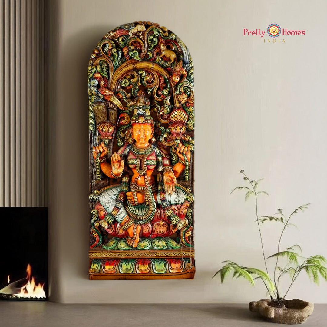 woodcarved dhan laxmi panel front view with canopy and parrots
