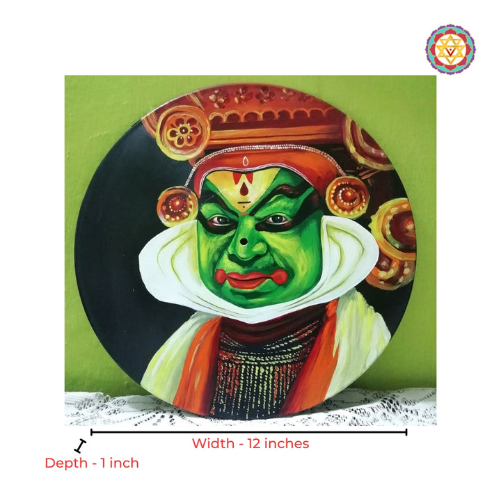 Close-up detailing of classical Kathakali artwork on round wooden wall panel
