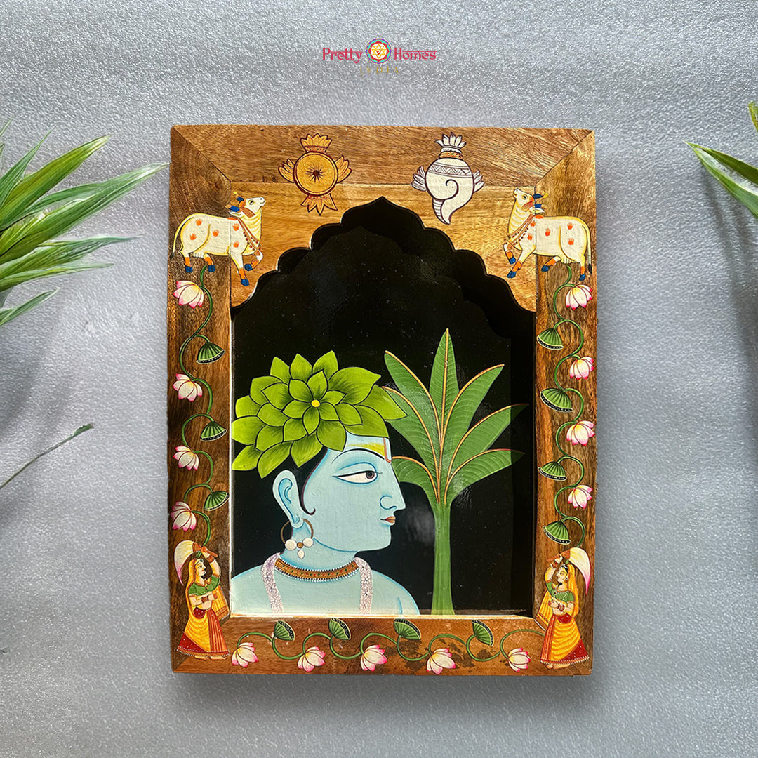 Rectangular hand painted Radha miniature wall hanging frame traditional Indian devotional decor artwork