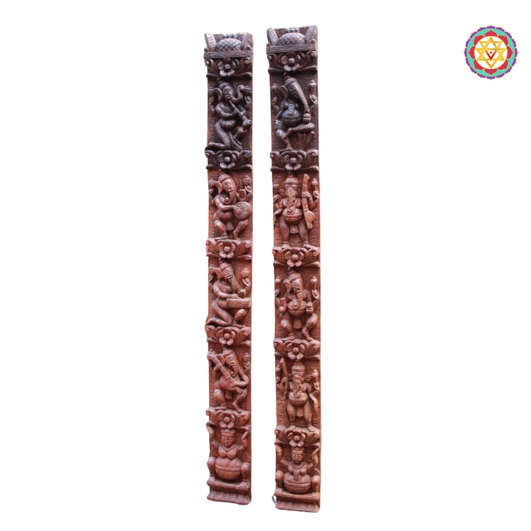 Pair of decorative wooden panels with intricate carvings on a white background.Front-facing full-length musical Ganesha carving