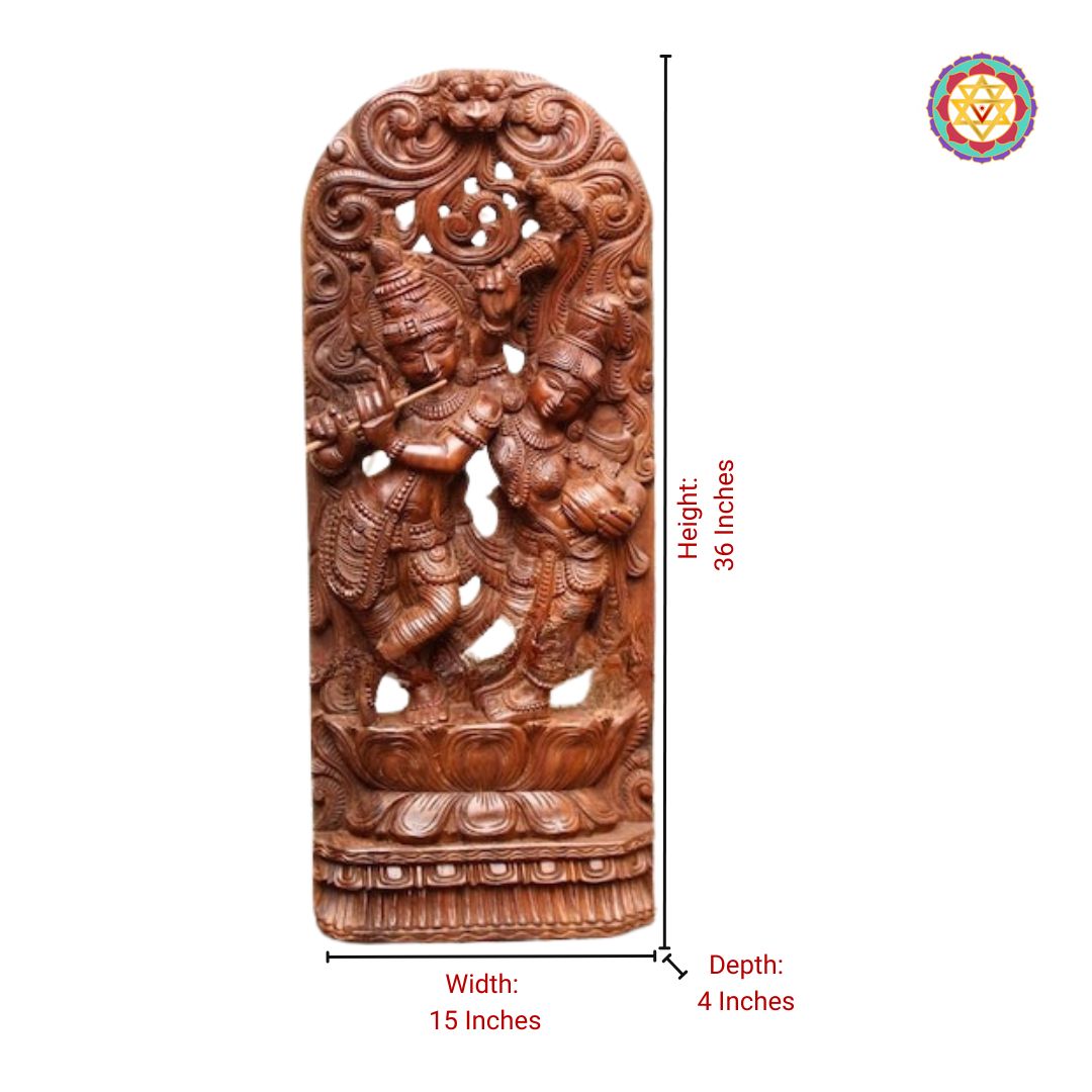 Exquisite 3-Foot Woodcarved Canopy Krishna with Flute & Radha – Tabletop & Wall Mountable Decor