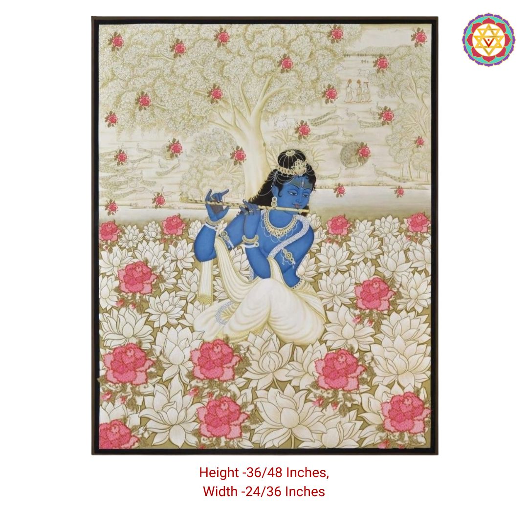 close-up of krishna floral pichwai showing blossom motifs