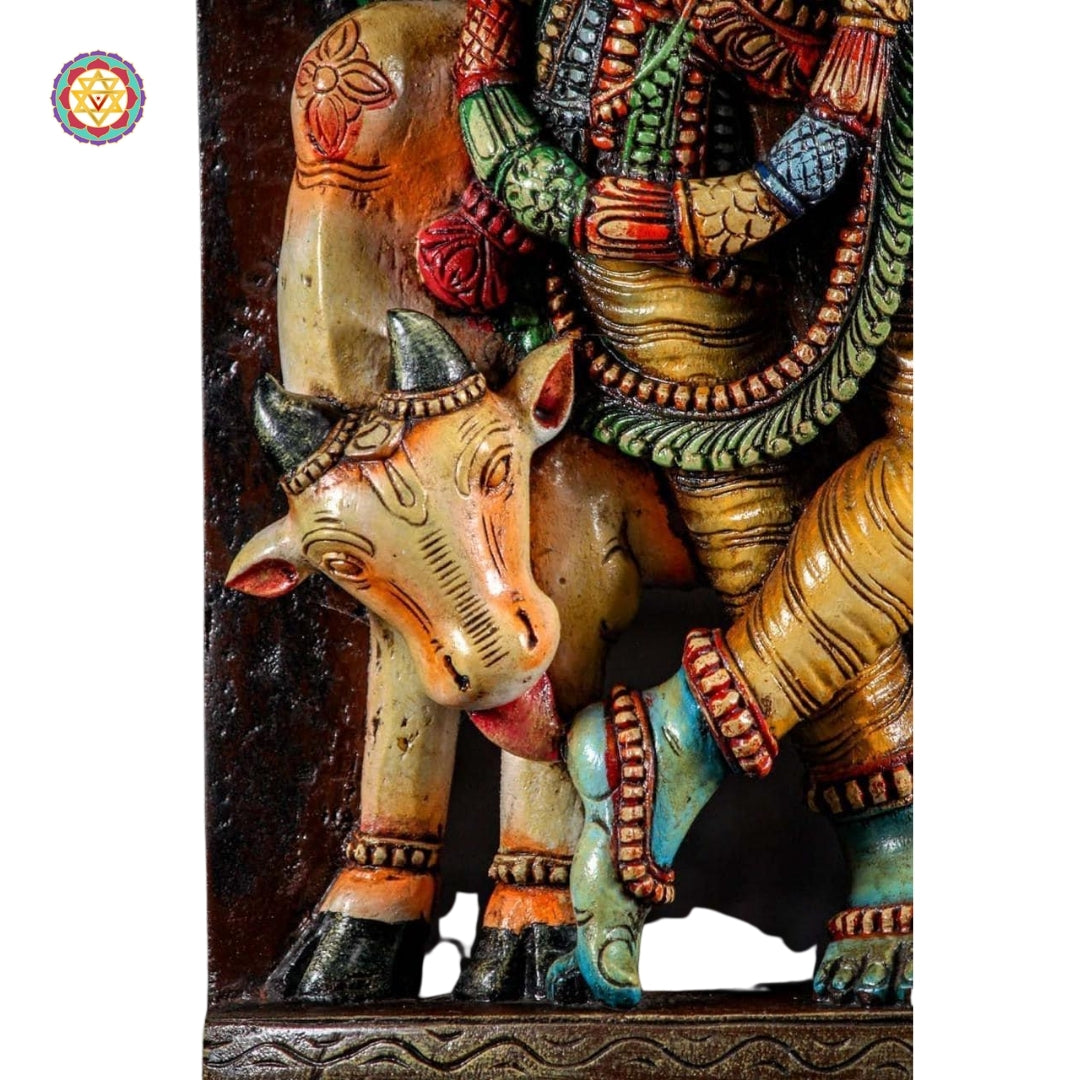 Handcarved Wooden Gopal Krishna Panel Canopy  Sculpture with Playful Cow and Two Gopis.