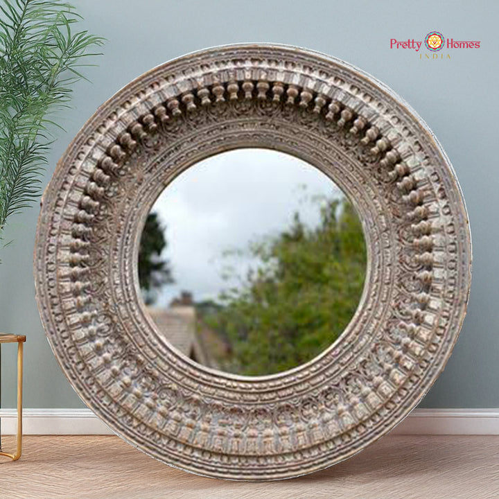 Rustic Grey Spindle Round Mirror Frame for Vintage & Heritage Wall Decor