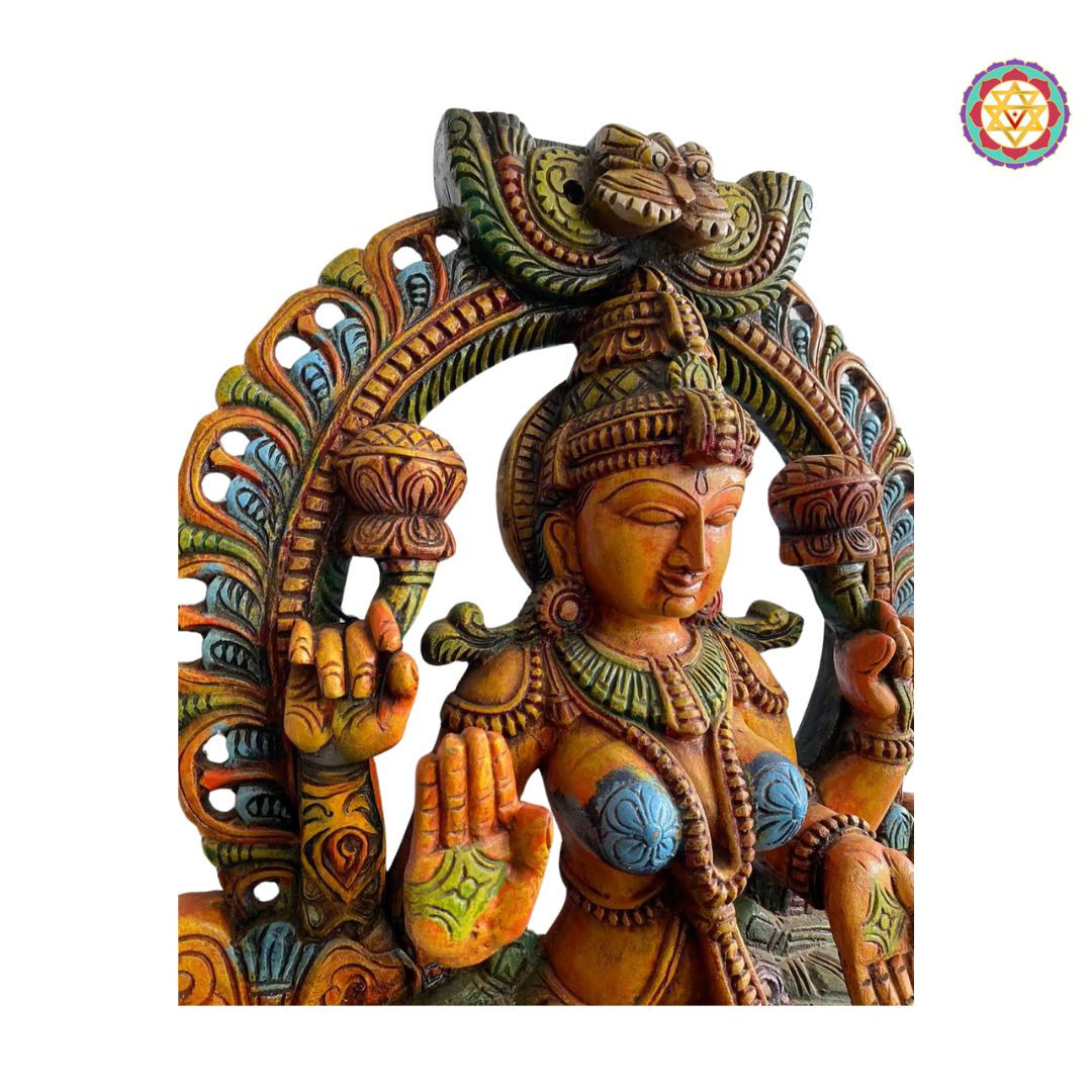 hand-painted multicolour finish on lakshmi wooden sculpture