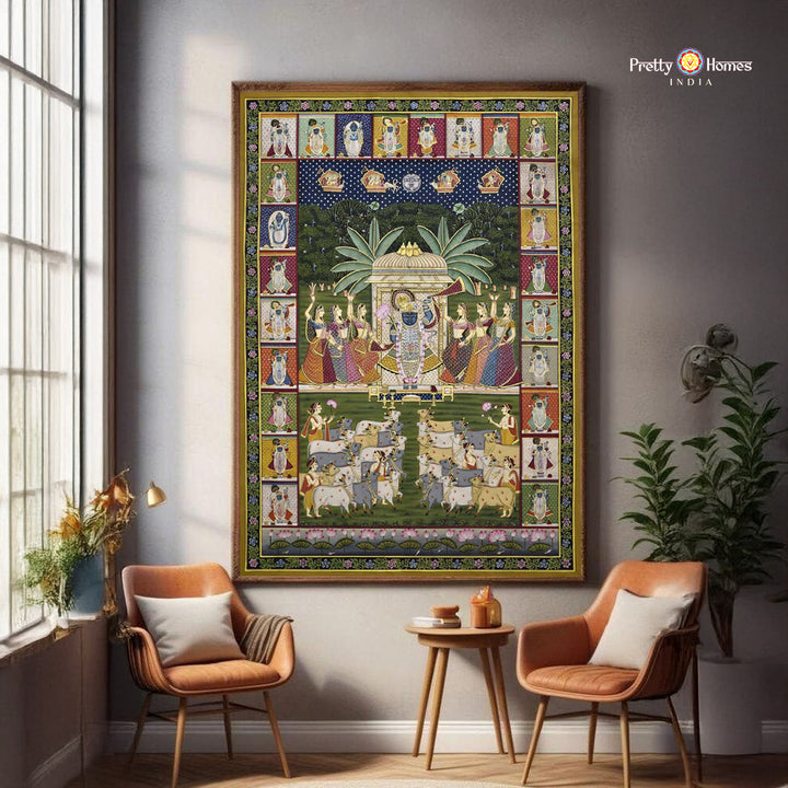 large traditional handpainted pichwai sharad scene with intricate border large festive Sharad Purnima scene with ornate borders