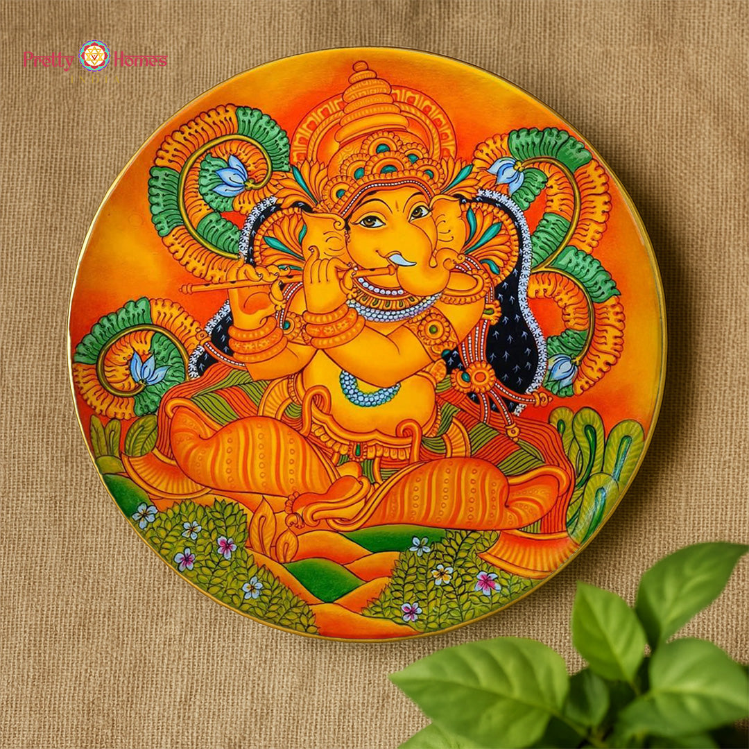 kerala mural style ganesha playing flute hand-painted wall plate