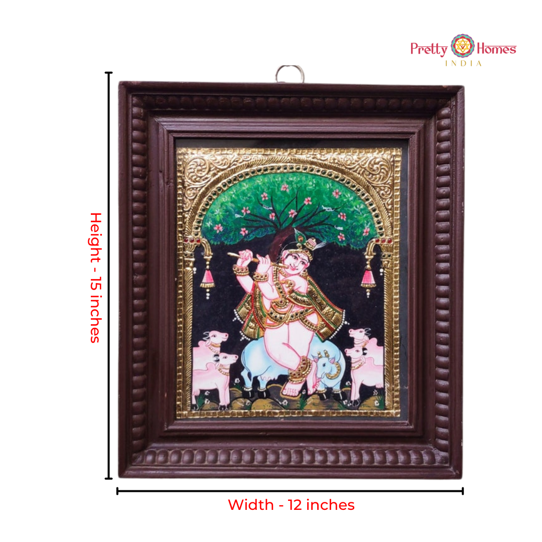 Lord Flute Krishna with Cows Tanjore in Real Gold