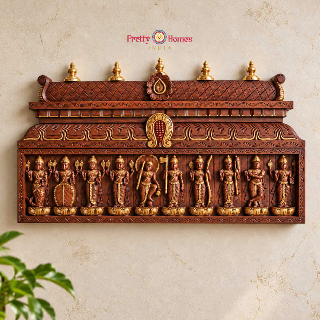 Hand-Carved Dashavataram Panel with Chettinad Gopuram Design