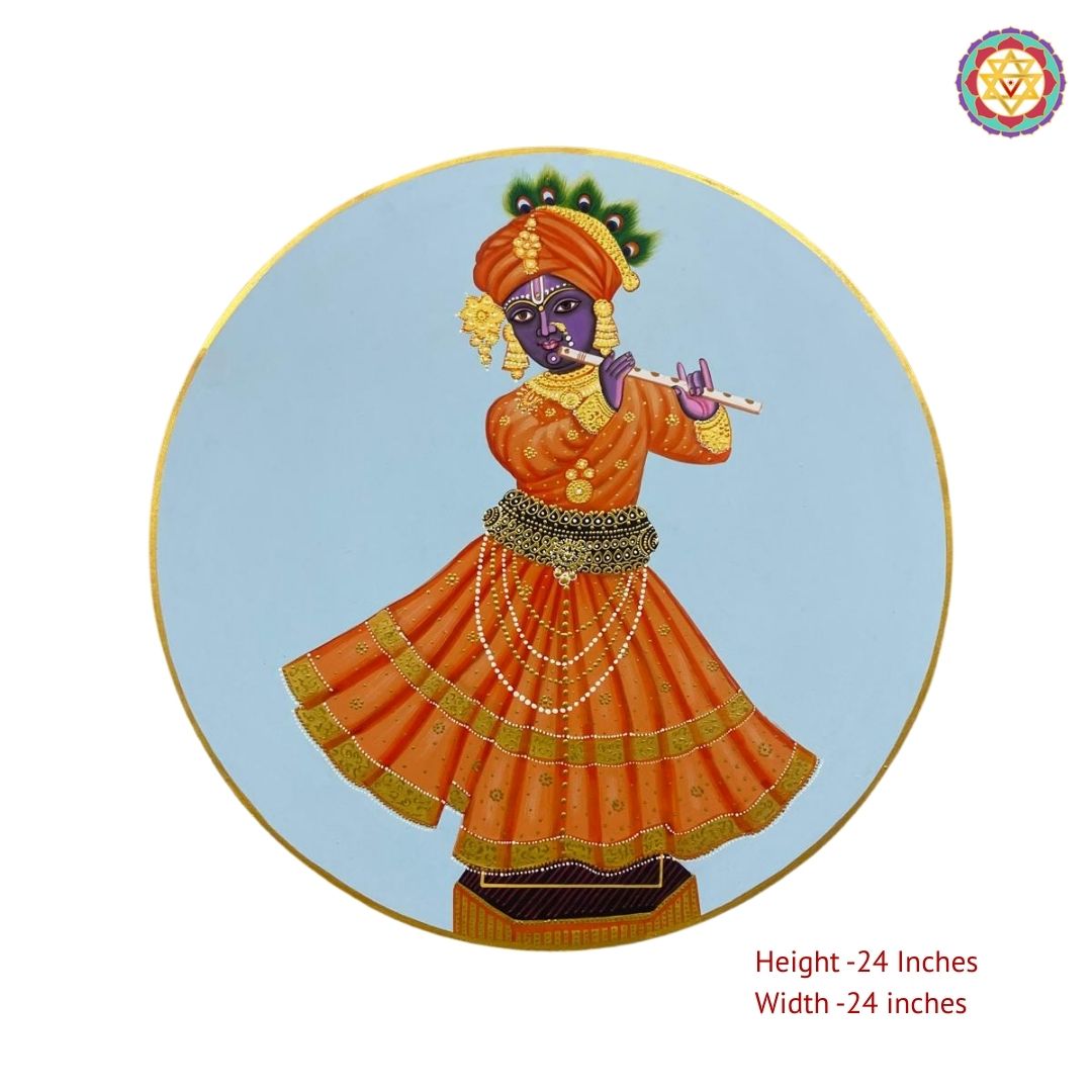 Close view of Krishna flute pichwai artwork on decorative wall plate