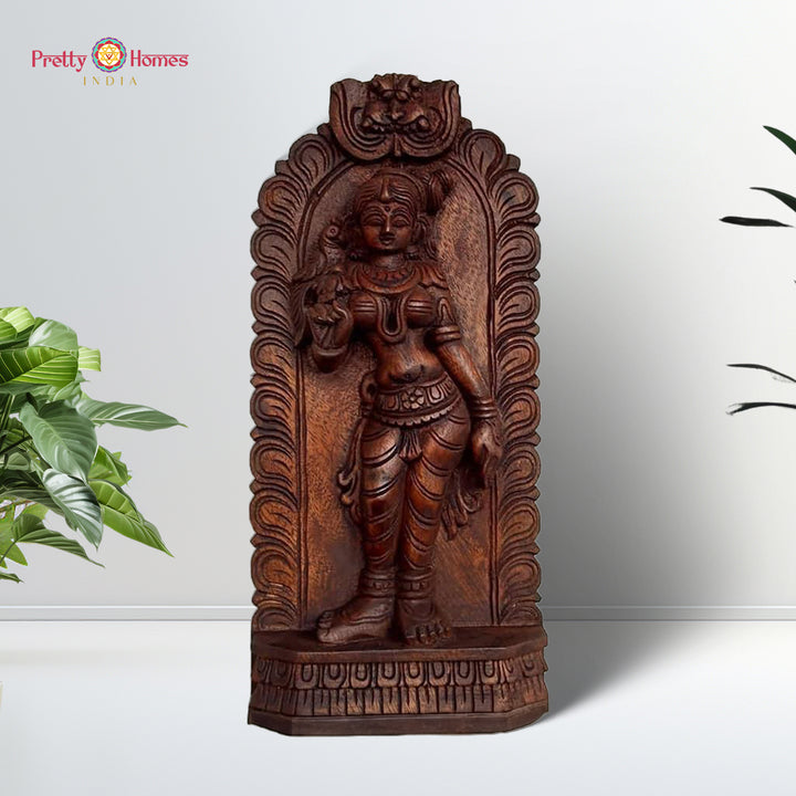 Woodcarved Goddess Meenakshi Holding Diya With Parrot.Wall hanging