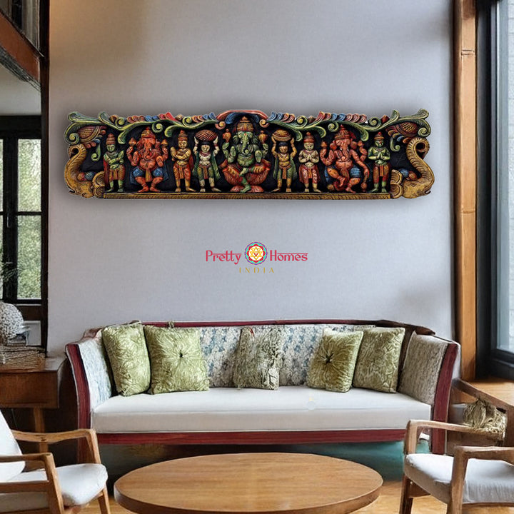 48” Handcrafted Wooden Ganesha multicolour Panel with Various Gods