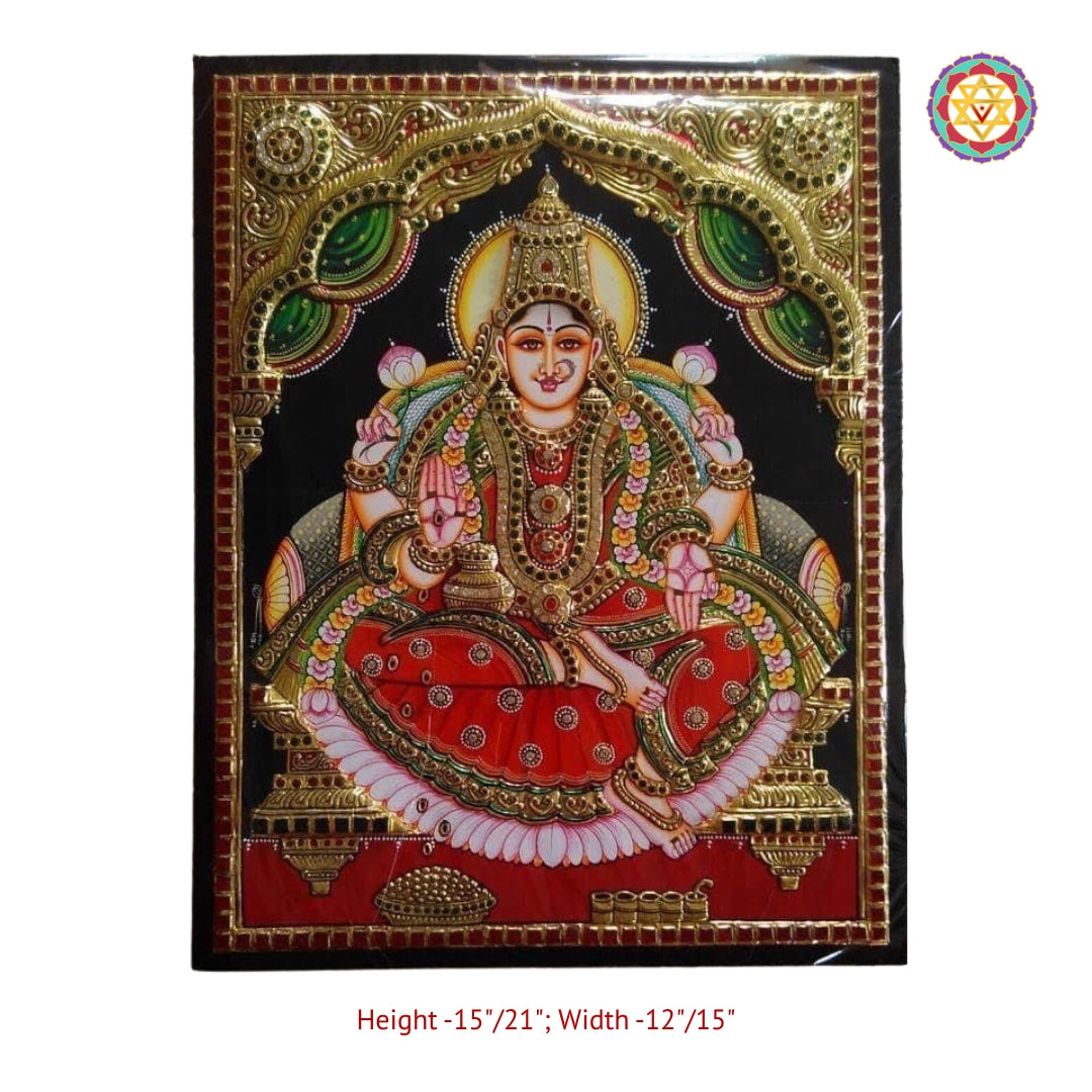 Traditional Lakshmi Tanjore artwork with embossed gold work for pooja rooms