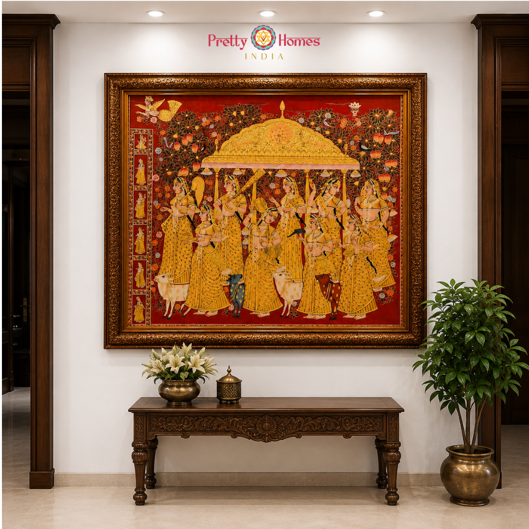 Handpainted Pichwai – Radha Krishna with Golden Musical Gopikas