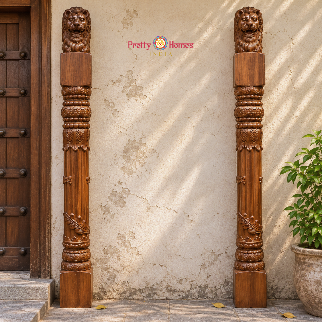 Beautifully Hand-Carved Lion Pillars( Pair )