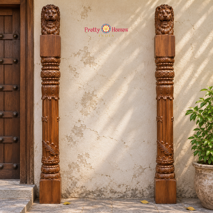 Beautifully Hand-Carved Lion Pillars( Pair )