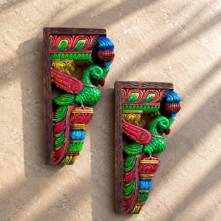 Handcarved Wooden Parrot Wall Brackets for Artistic Decor