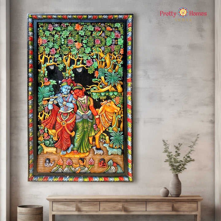 hand-carved wall panel depicting shree krishna and radha playing flute with a cow beside them, intricate wooden carving