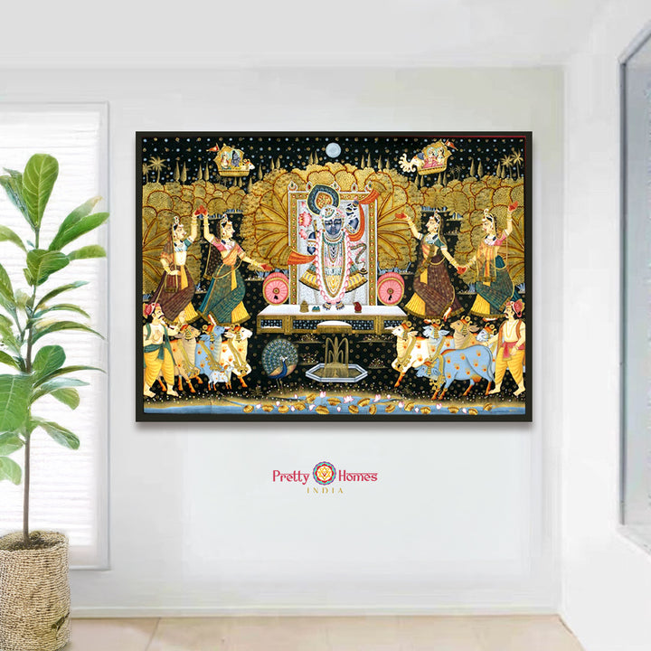handpainted horizontal pichwai shrinathji darshan with golden trees close-up of golden tree detailing and handpainted highlights