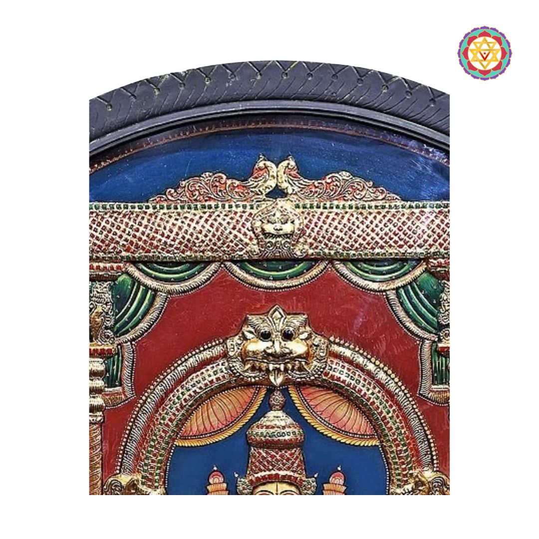 Mythical Yali and archway detail above Gajalakshmi in Tanjore painting style”

