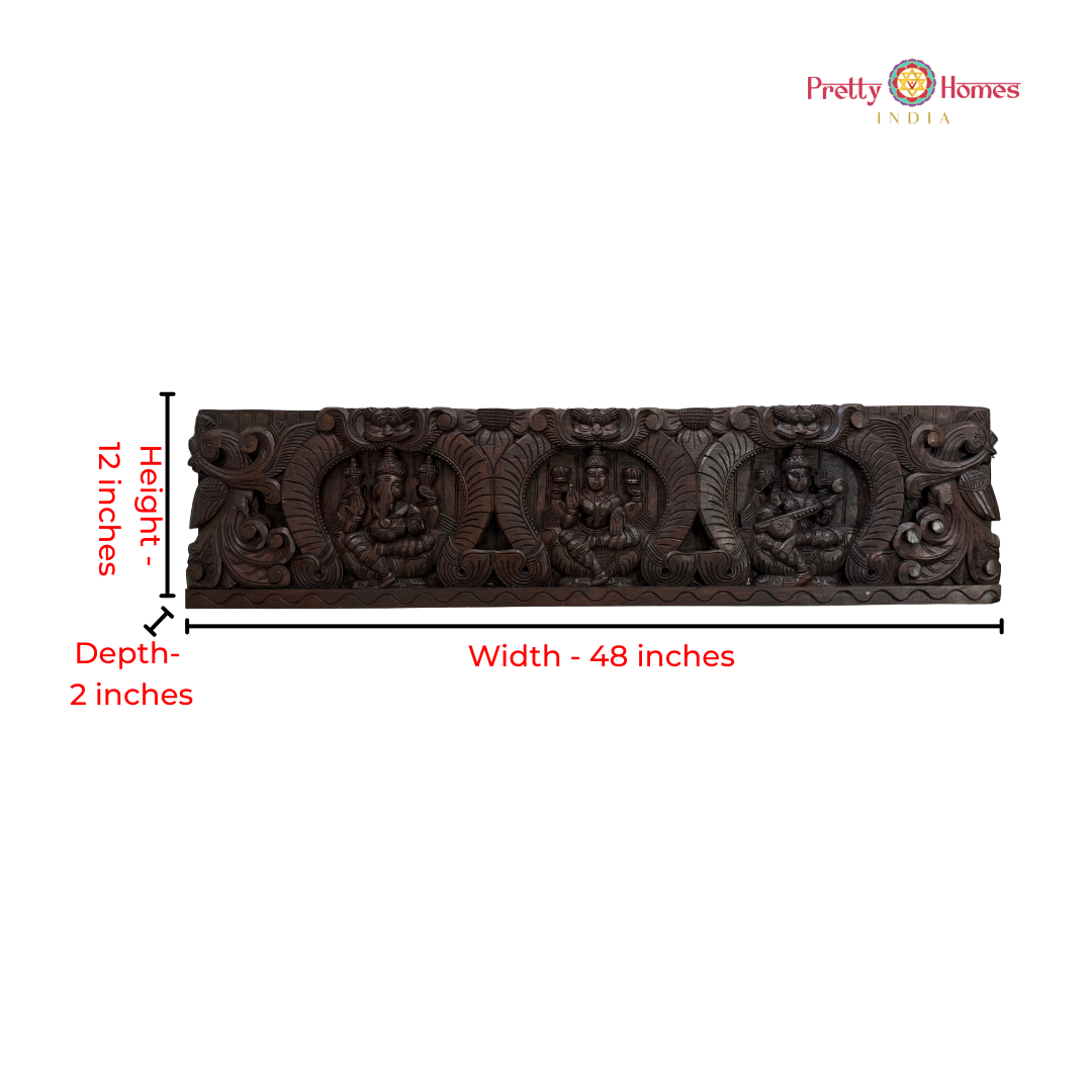 Ganesha, Lakshmi & Saraswati Handcrafted Wooden Panel with Birds