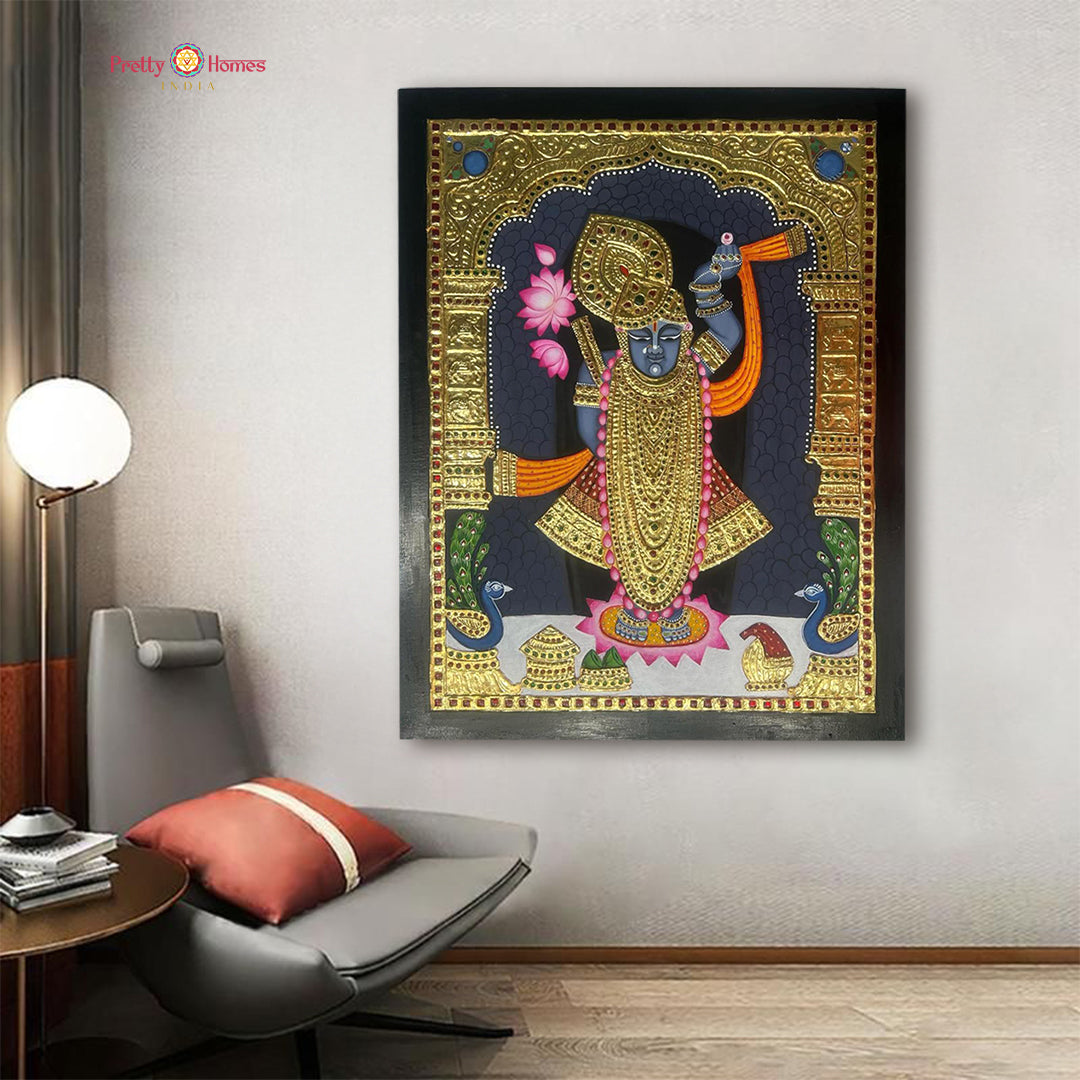 Pichwai - Tangore style embossed Hand painted pichwai -Shrinathji Darshan ( real gold ) – hand-painted Pichwai Indian painting for home decor