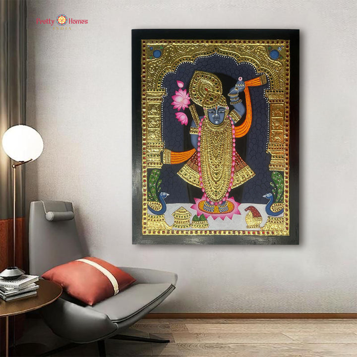Pichwai - Tangore style embossed Hand painted pichwai -Shrinathji Darshan ( real gold ) – hand-painted Pichwai Indian painting for home decor