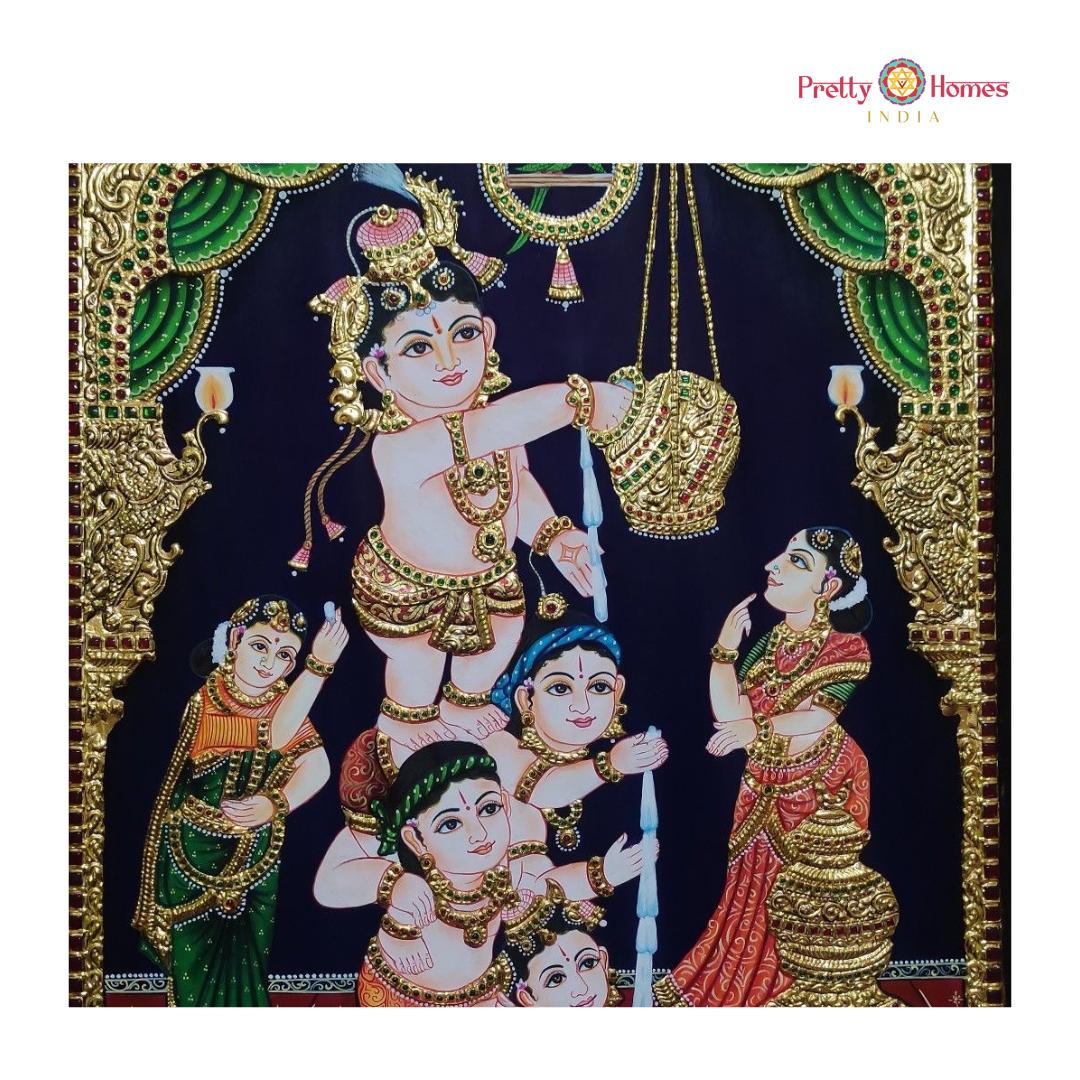 Makhan Chor Lord Krishna with Sakhas Tanjore in Real Gold