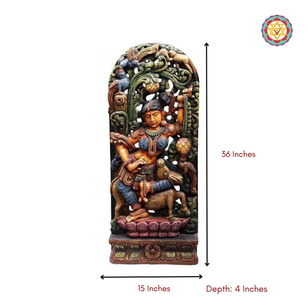 Full view of celestial dancer statue showing complete woodwork and fine antique polish