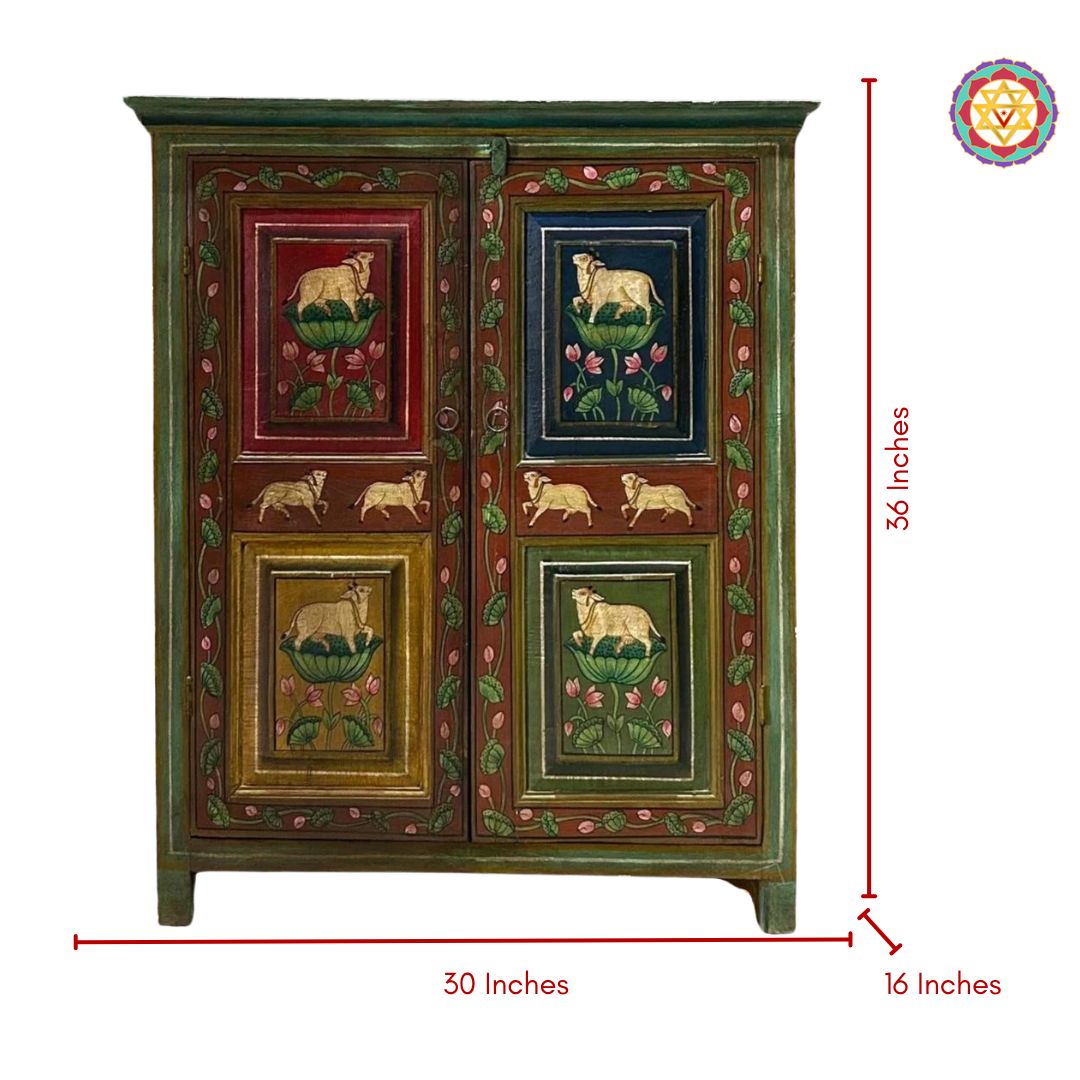 top and side view of pichwai painted wooden storage unit