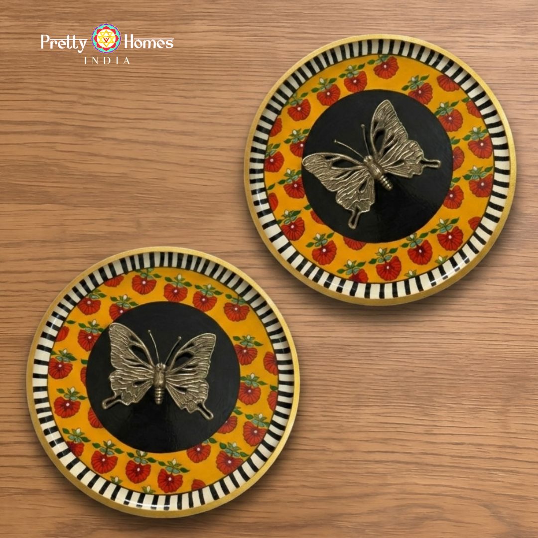 Golden Flutter – Brass Butterfly Handpainted Wall Plate