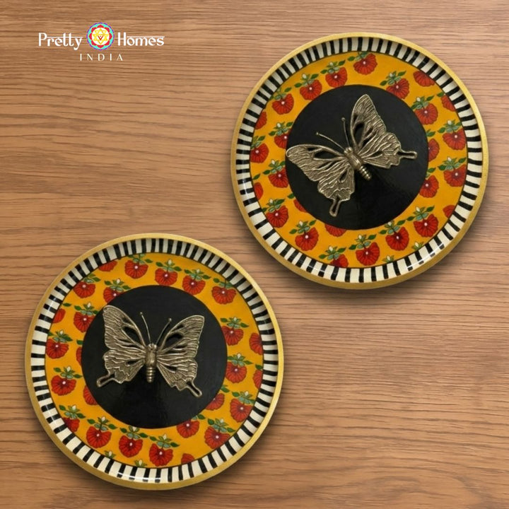 Golden Flutter – Brass Butterfly Handpainted Wall Plate