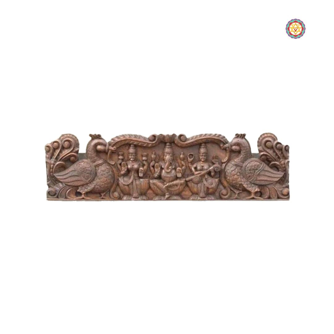 Handcarved triple deity panel — traditional Indian spiritual decor.