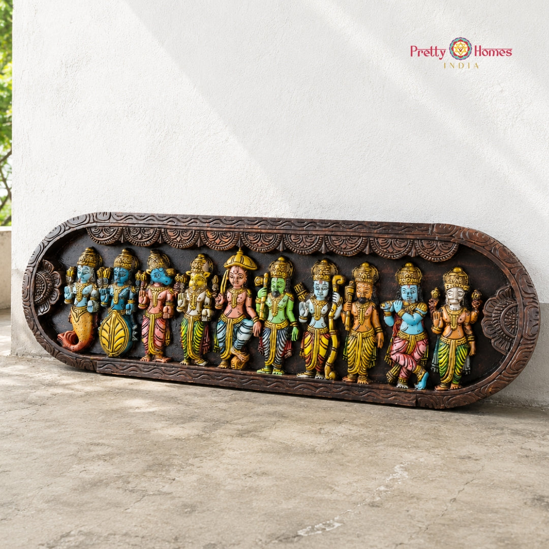 Hand-Carved Curved Dasavatara Wooden Panel – Temple Wall Art