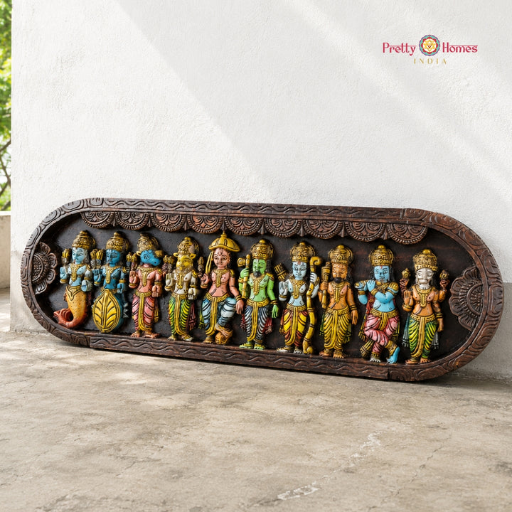 Hand-Carved Curved Dasavatara Wooden Panel – Temple Wall Art