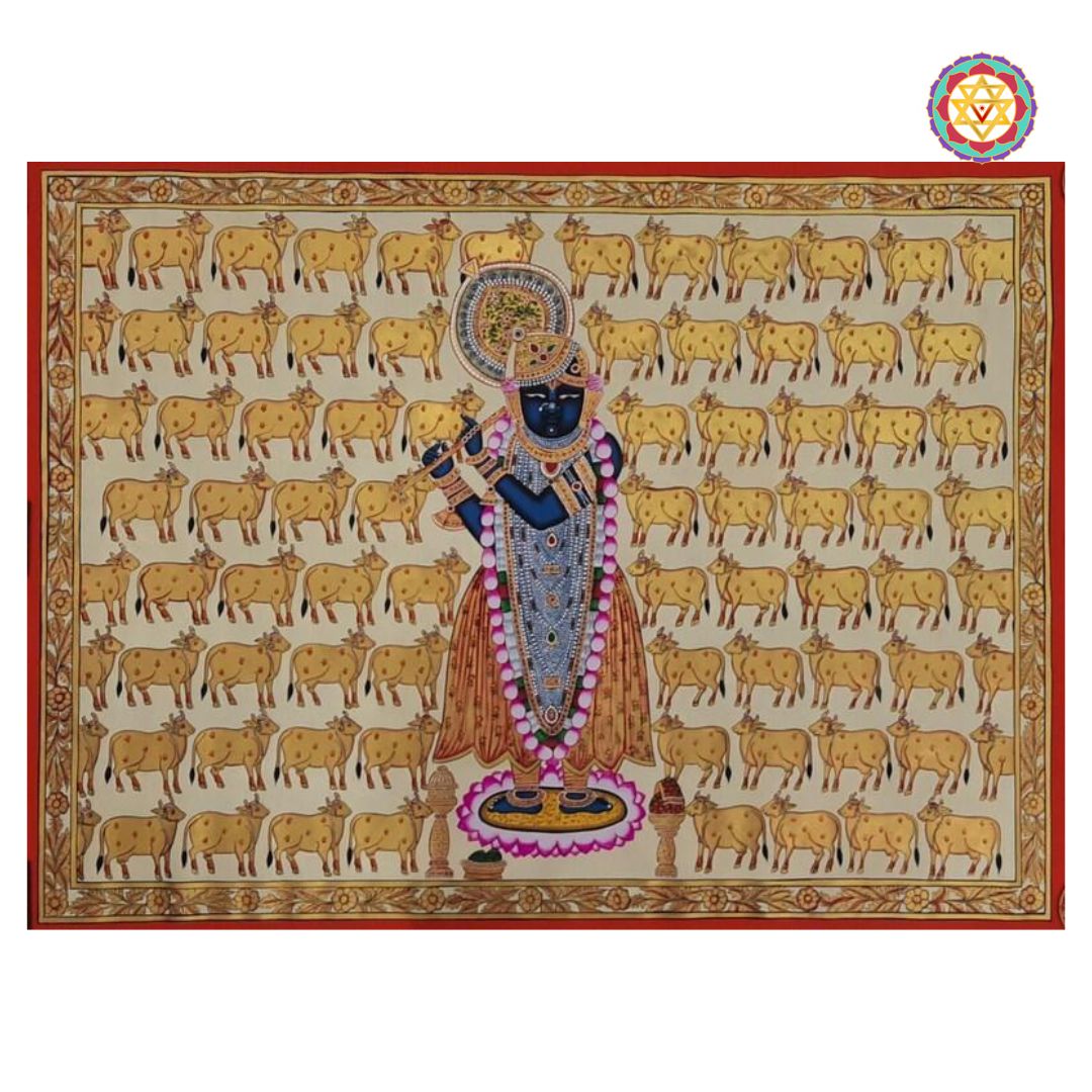 angled view of shrinathji pichwai with cows, vibrant tones and intricate motifs